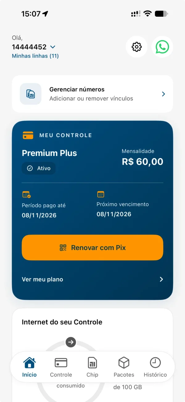 Tela inicial do app Veloso NET Móvel